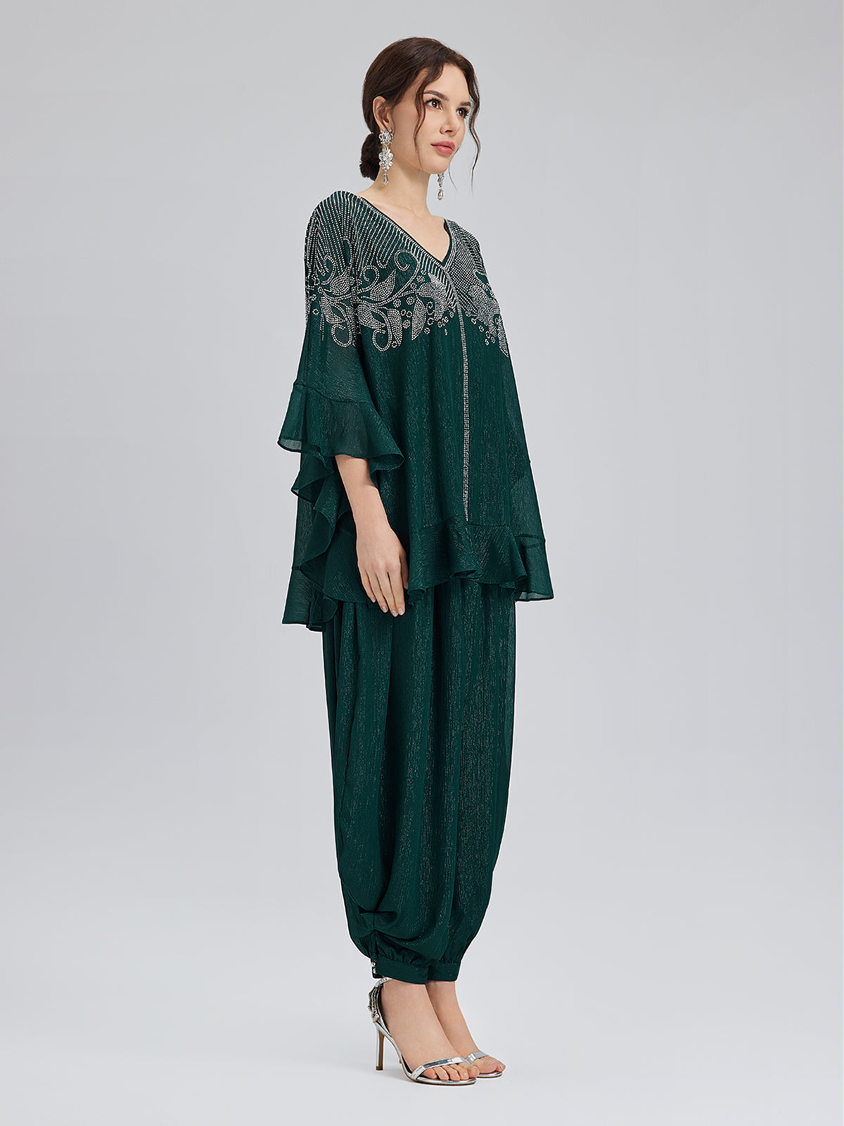 Final Sale | Metallic Chiffon Rhinestone V-Neck Top