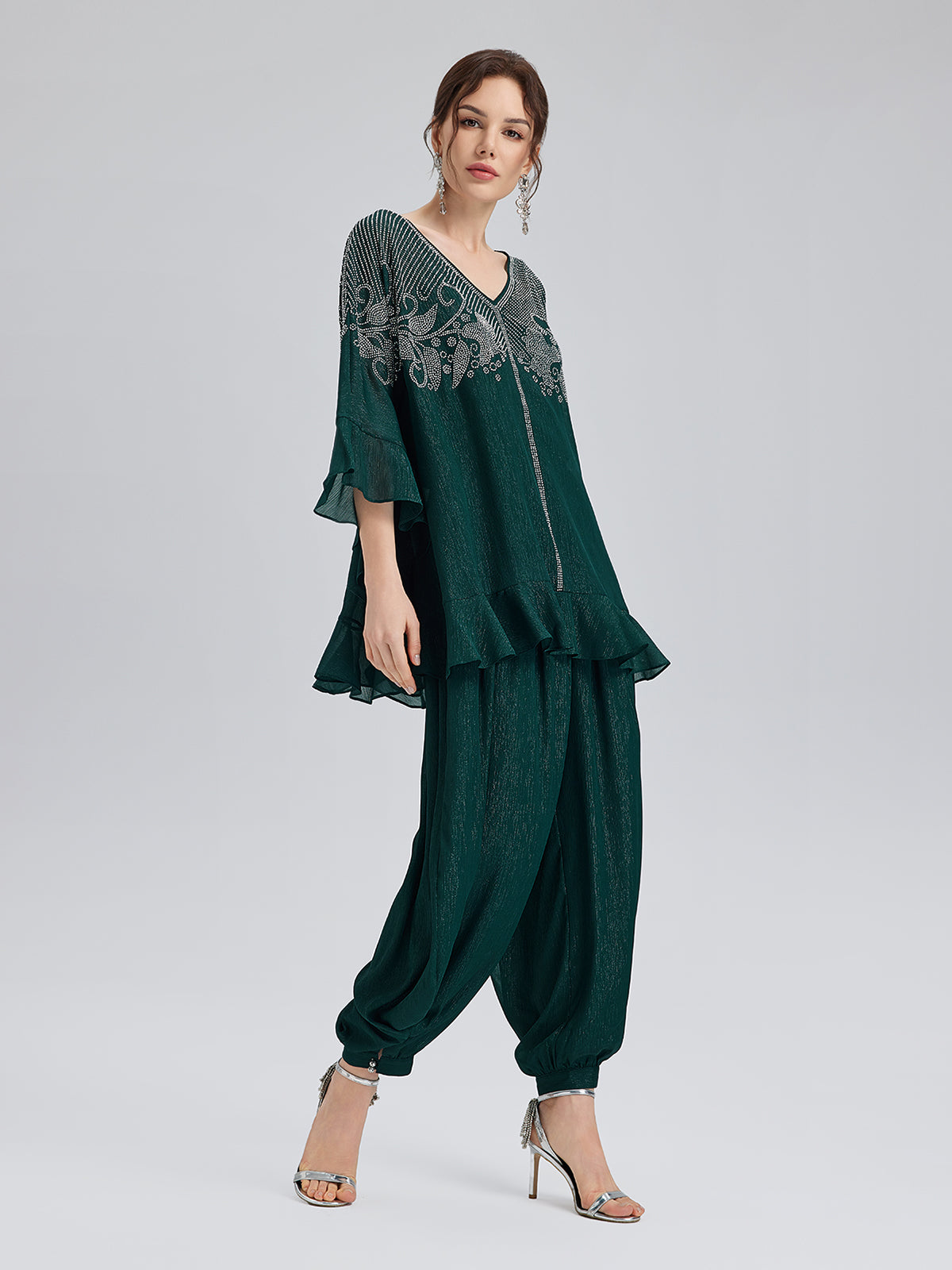 Final Sale | Silver-threaded Chiffon Gathered Carrot Pants