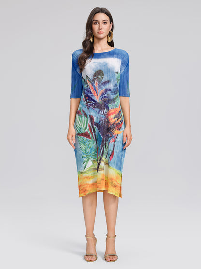 Hand Pleated All-over Watercolor Print Textured Draped Dress