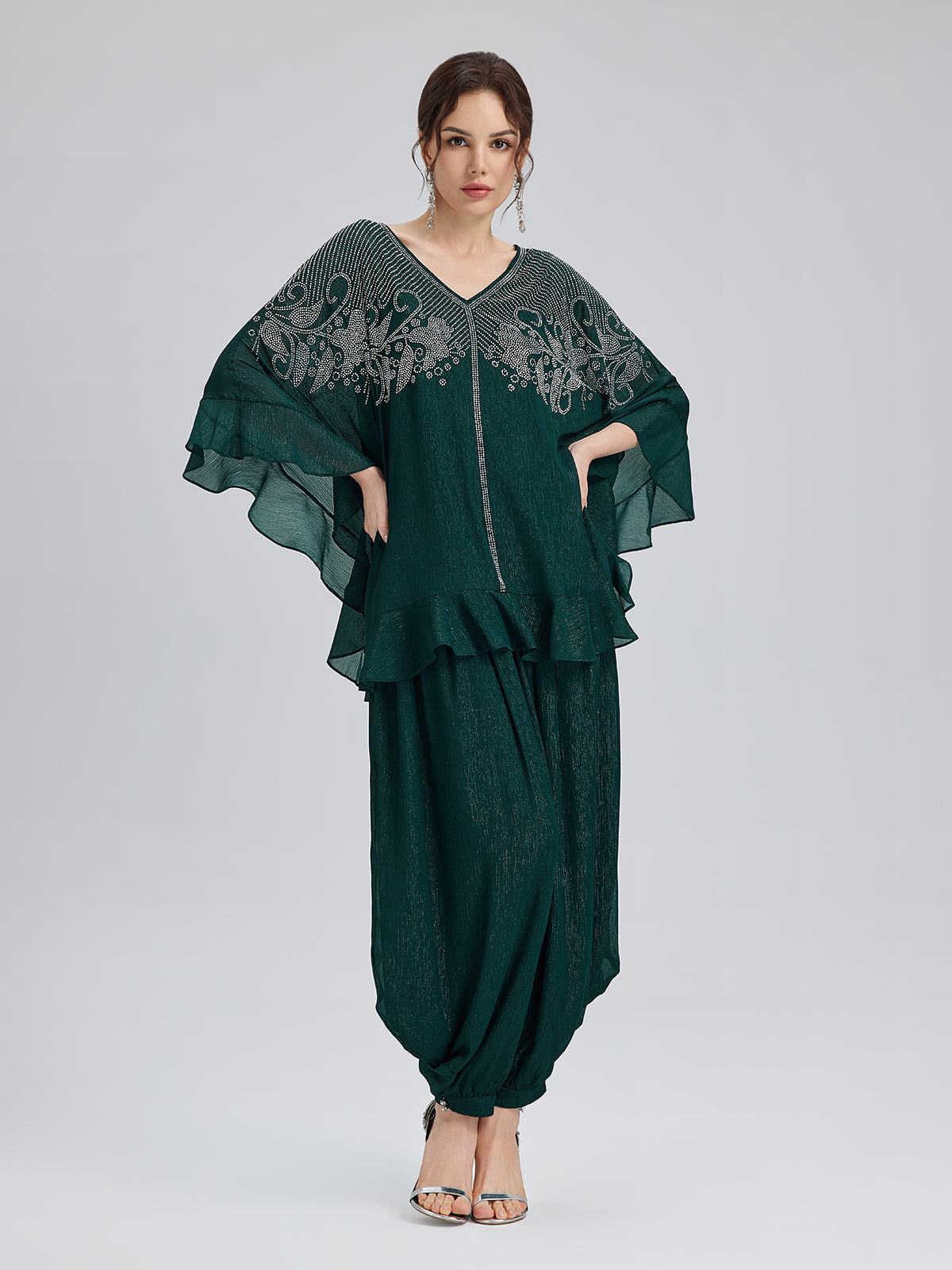Final Sale | Metallic Chiffon Rhinestone V-Neck Top