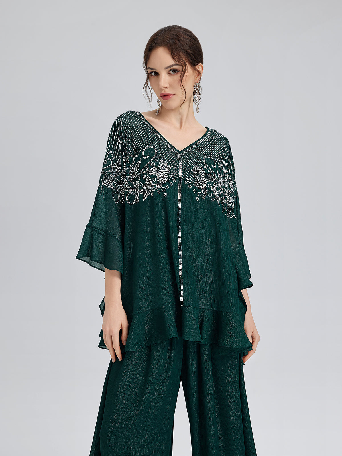 Final Sale | Metallic Chiffon Rhinestone V-Neck Top