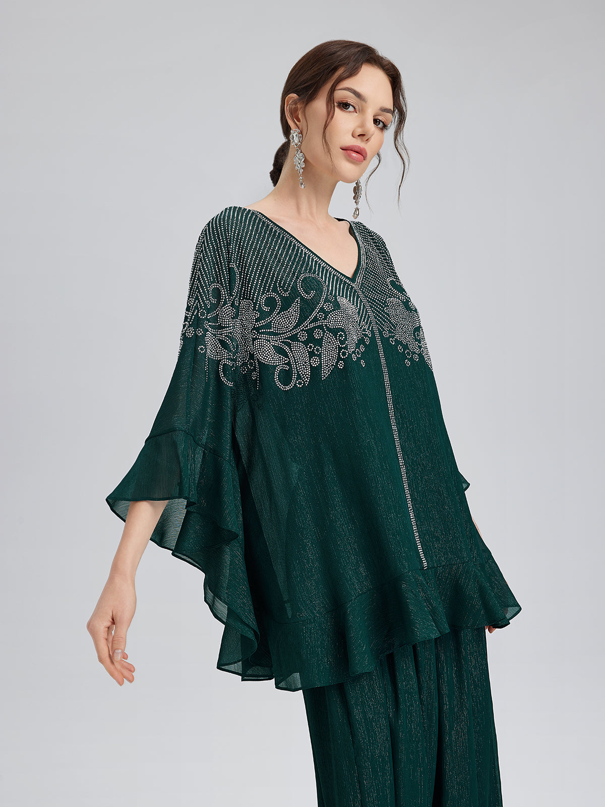 Final Sale | Metallic Chiffon Rhinestone V-Neck Top
