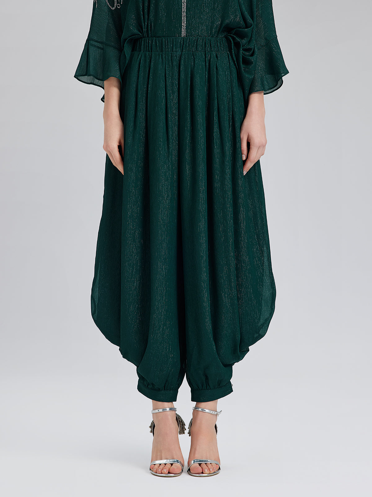 Final Sale | Silver-threaded Chiffon Gathered Carrot Pants