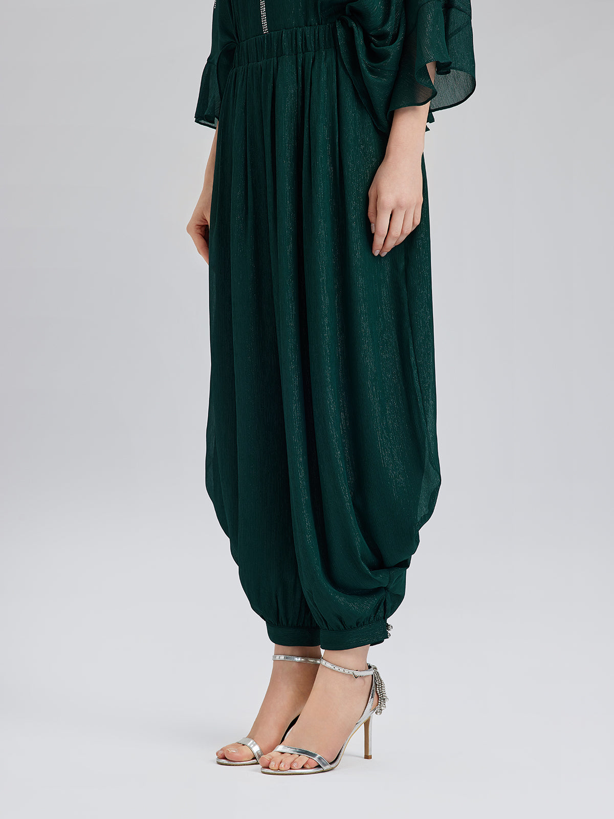 Final Sale | Silver-threaded Chiffon Gathered Carrot Pants