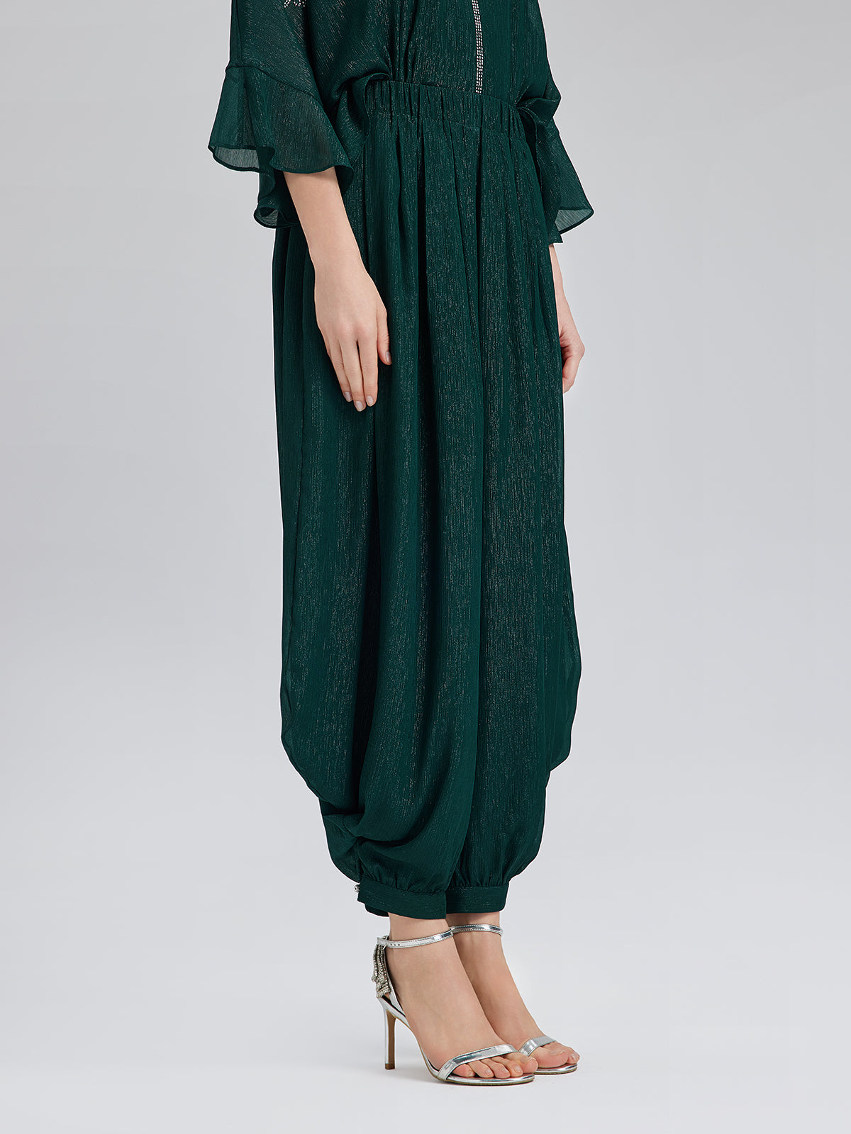 Final Sale | Silver-threaded Chiffon Gathered Carrot Pants