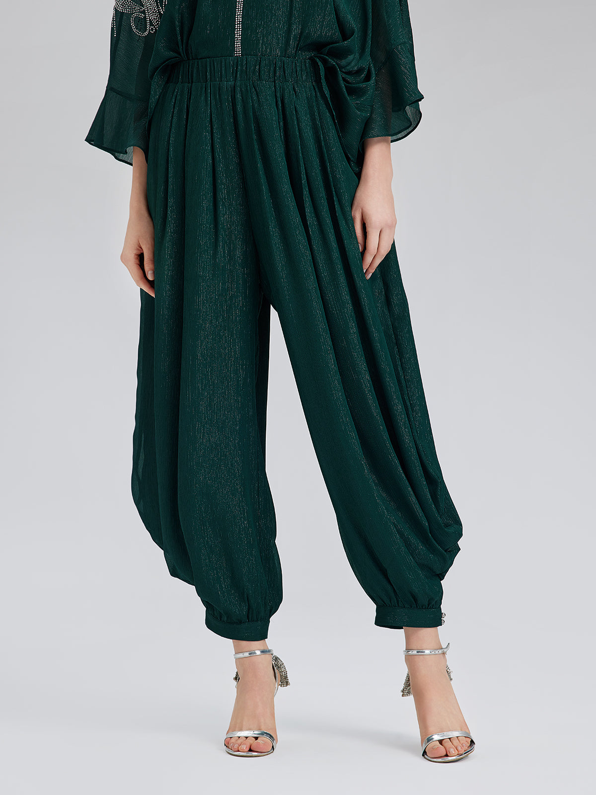Final Sale | Silver-threaded Chiffon Gathered Carrot Pants