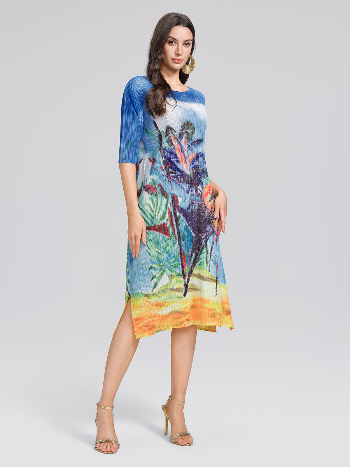 Hand Pleated All-over Watercolor Print Textured Draped Dress