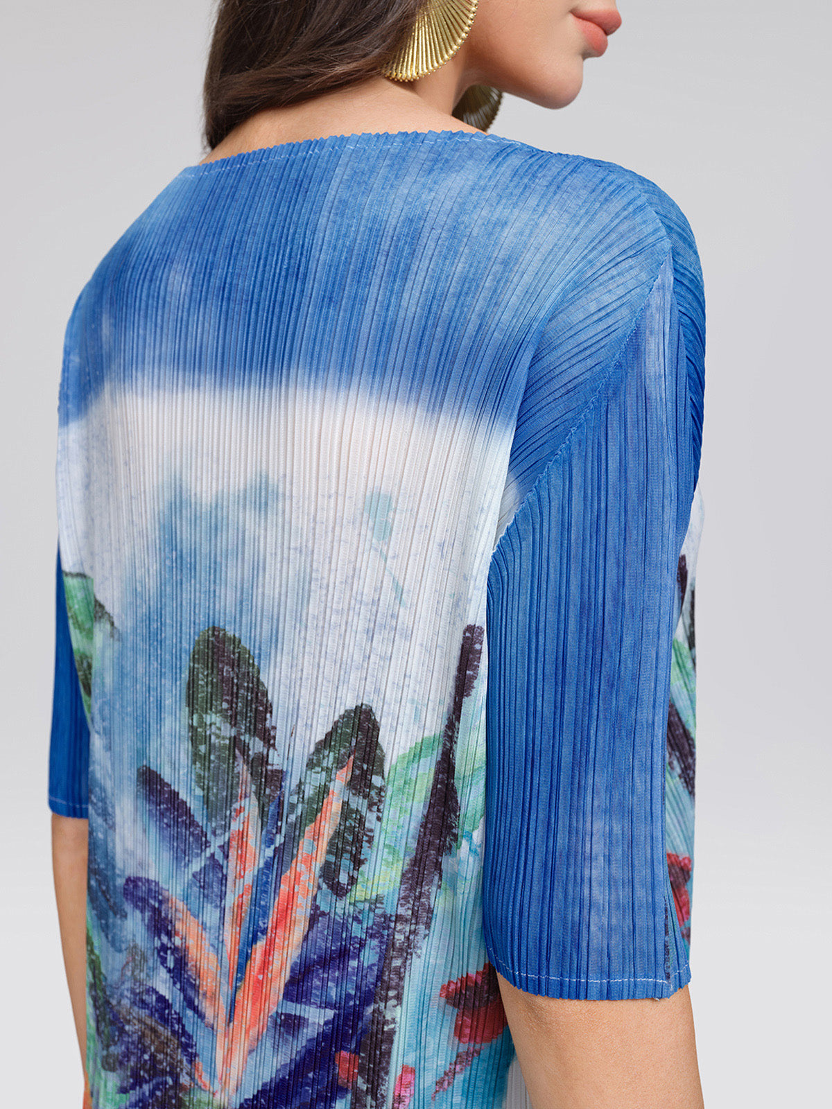 Hand Pleated All-over Watercolor Print Textured Draped Dress