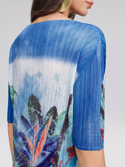 Hand Pleated All-over Watercolor Print Textured Draped Dress