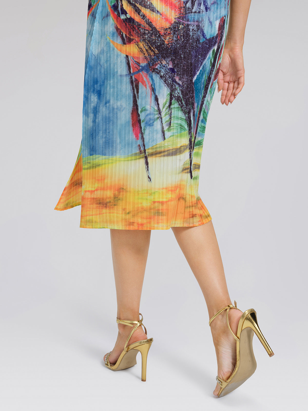 Hand Pleated All-over Watercolor Print Textured Draped Dress
