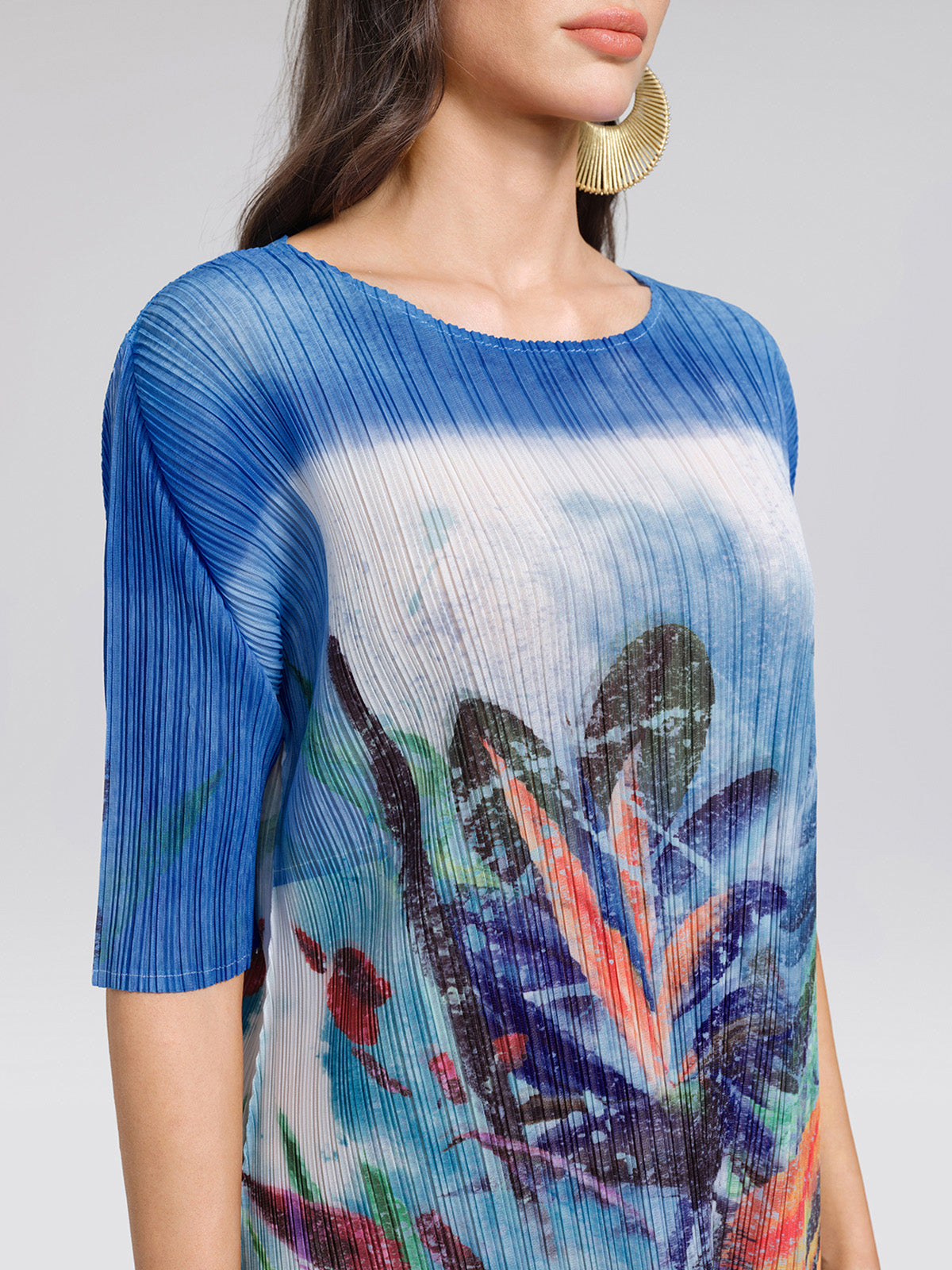 Hand Pleated All-over Watercolor Print Textured Draped Dress