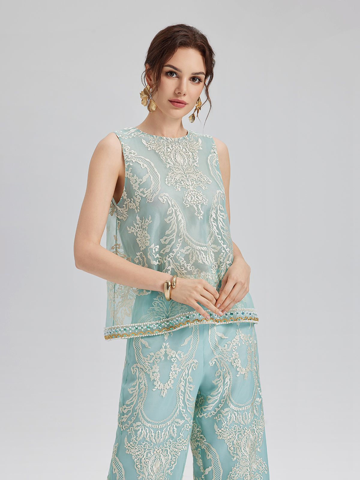 Organza Embroidered Mint Vest