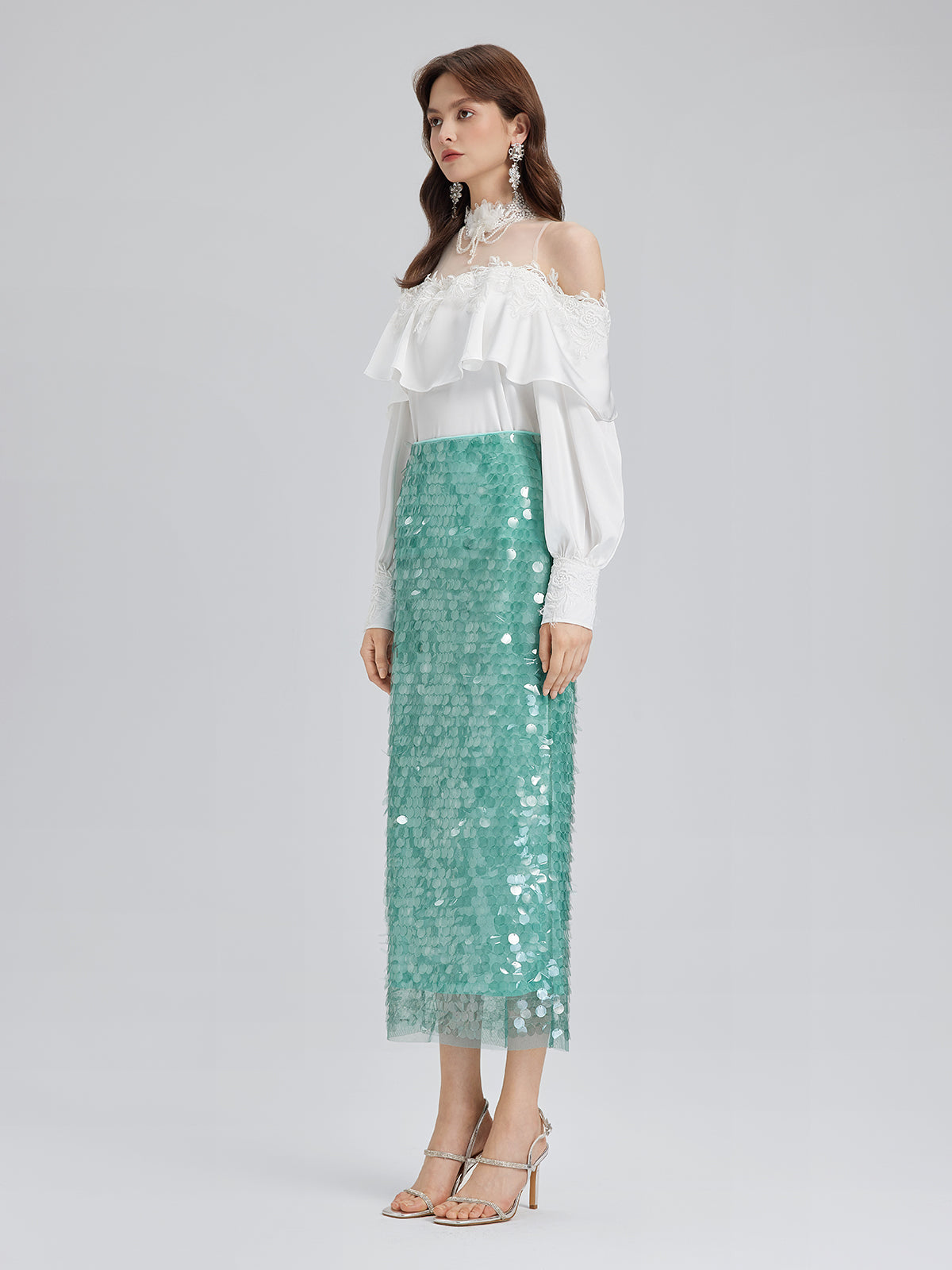 Elastic Sequin Mermaid Mint Skirt
