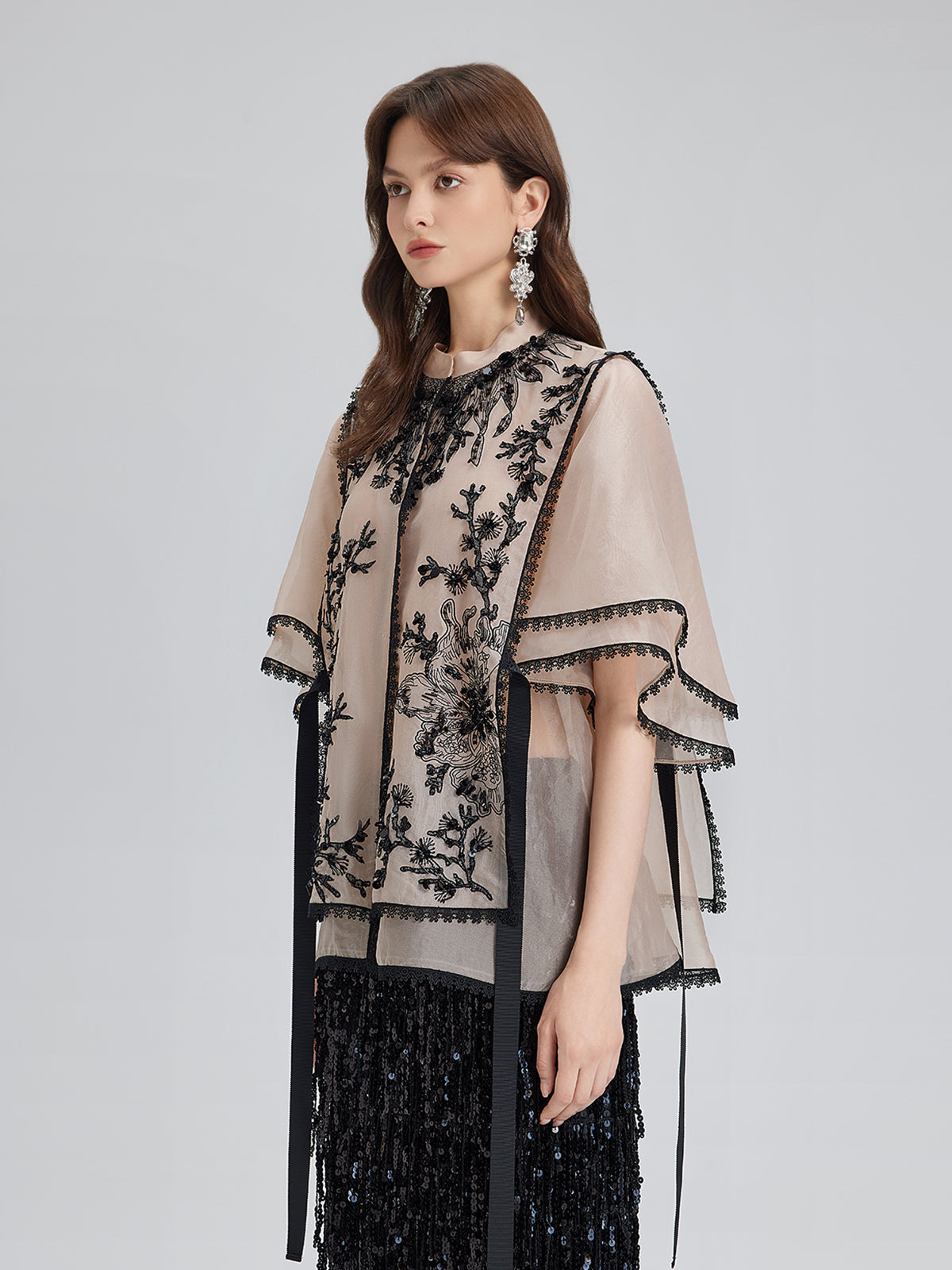 Silk Appliqué Beaded Layered-look Top