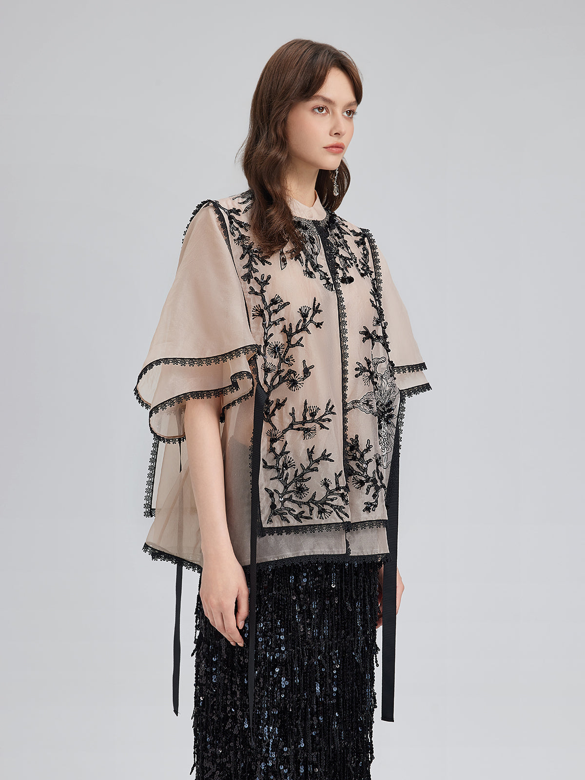 Silk Appliqué Beaded Layered-look Top