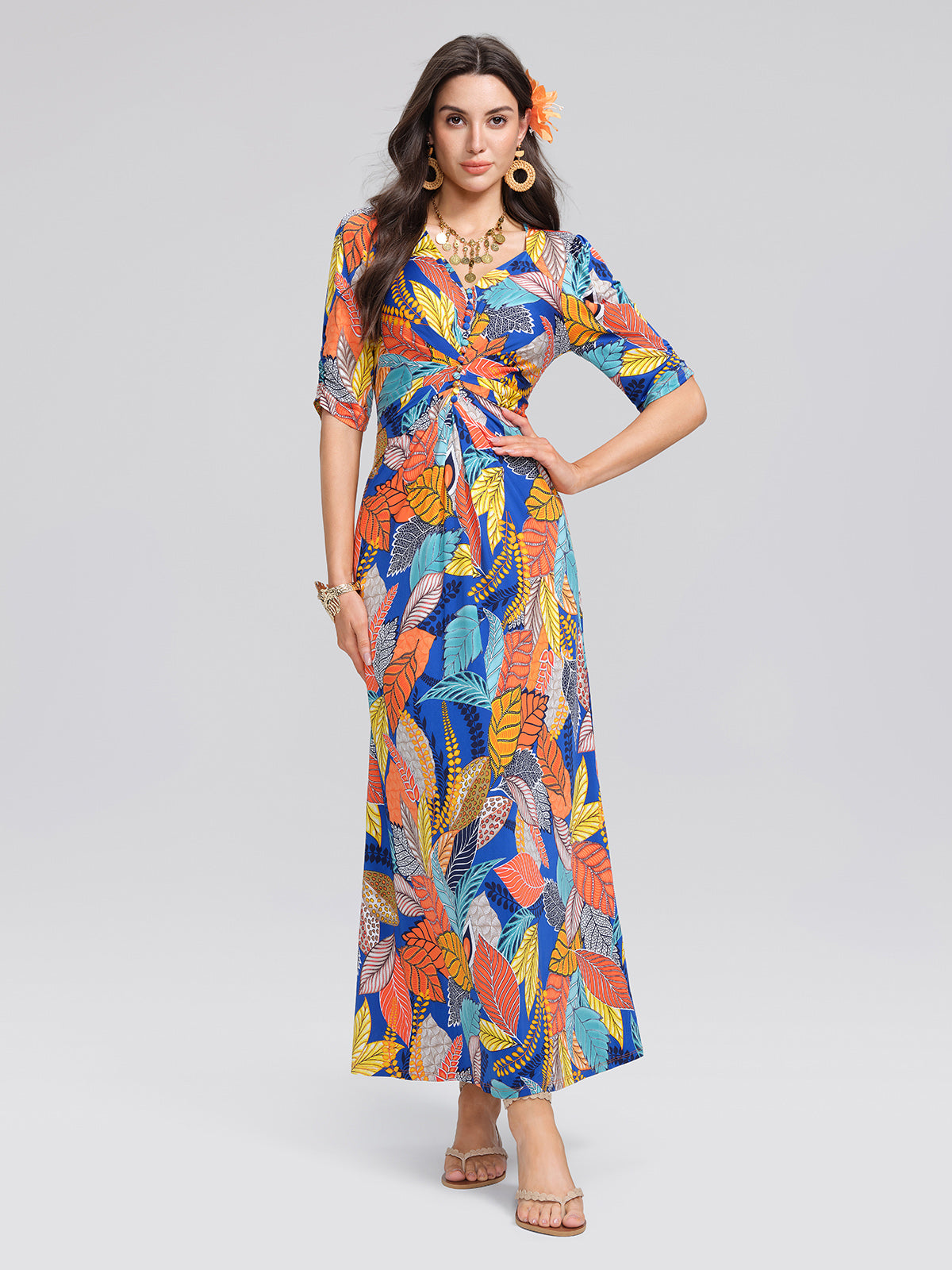 Ice-Silk Knit Tropical Leaf Print Three-Quarter Sleeve Dress