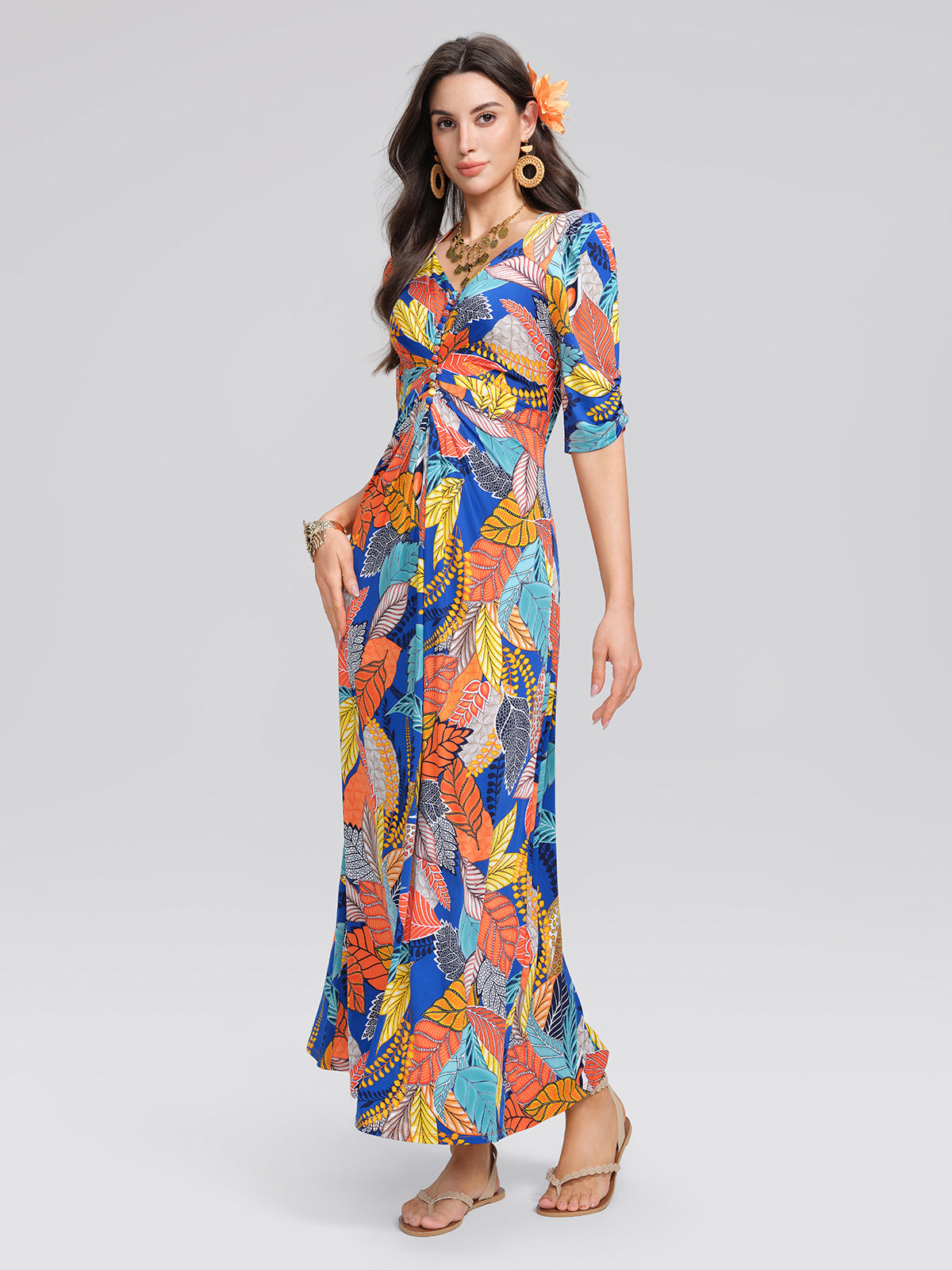 Ice-Silk Knit Tropical Leaf Print Three-Quarter Sleeve Dress