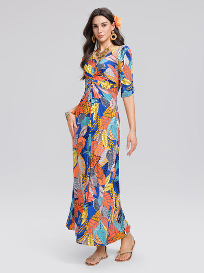 Ice-Silk Knit Tropical Leaf Print Three-Quarter Sleeve Dress