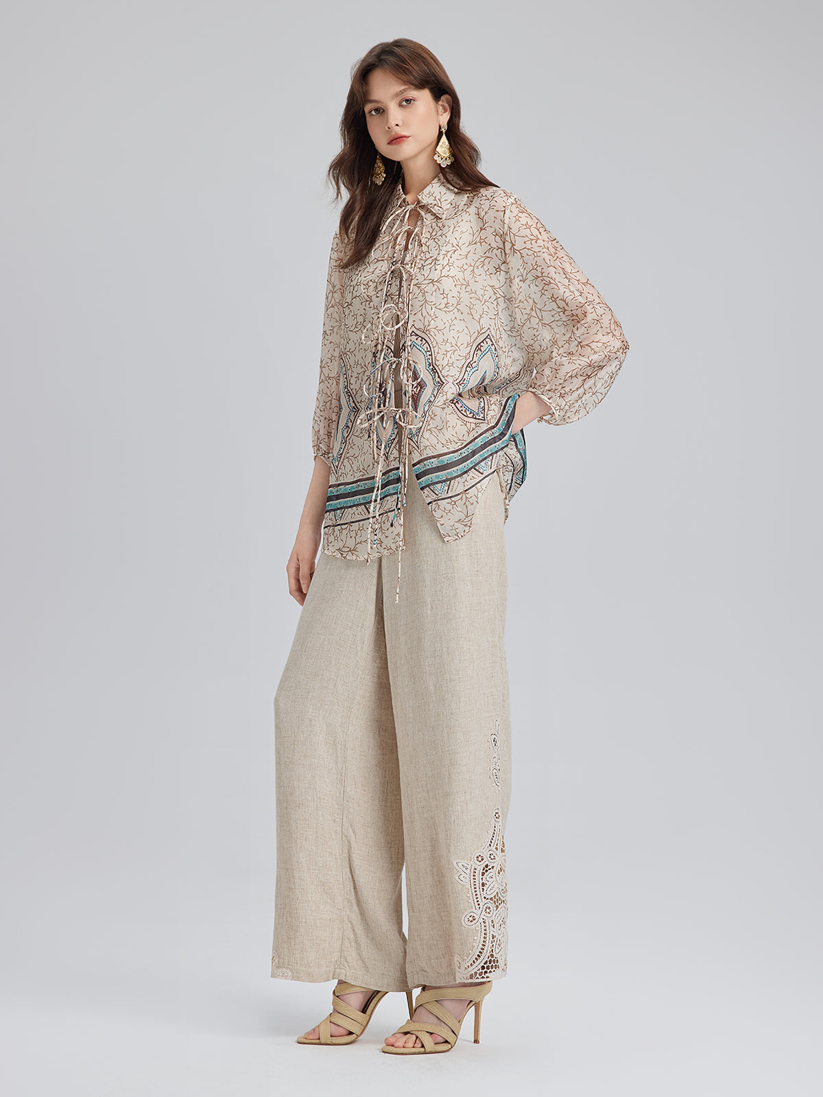 Final Sale | French Ramie Lace-Trimmed Pants with Braided Belt