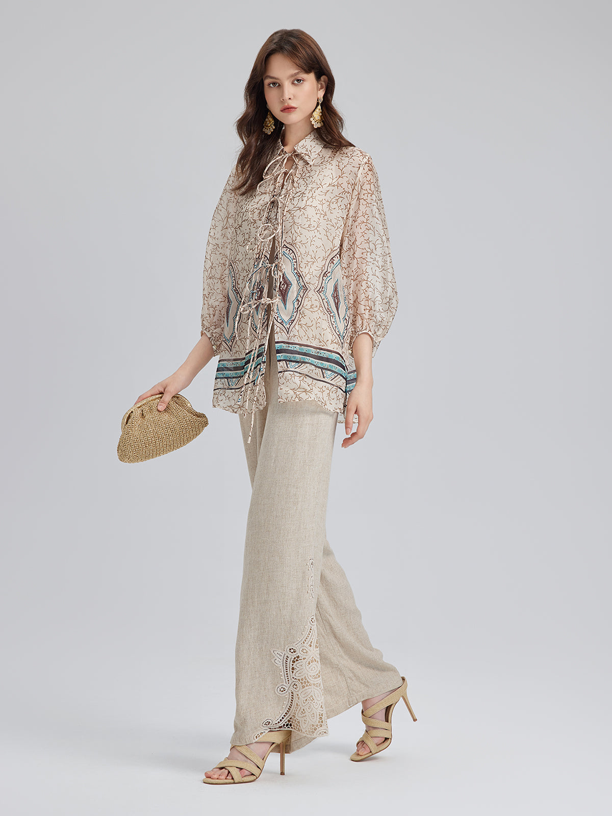 Final Sale | French Ramie Lace-Trimmed Pants with Braided Belt
