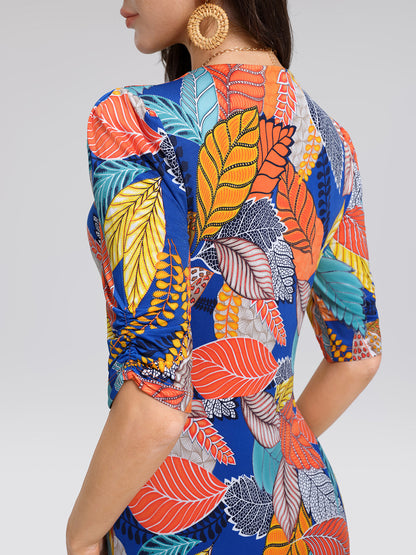 Ice-Silk Knit Tropical Leaf Print Three-Quarter Sleeve Dress
