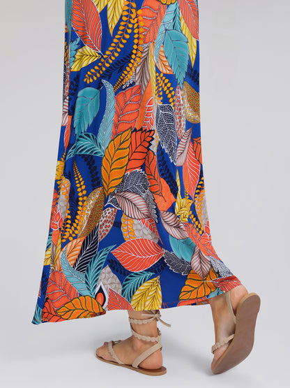Ice-Silk Knit Tropical Leaf Print Three-Quarter Sleeve Dress