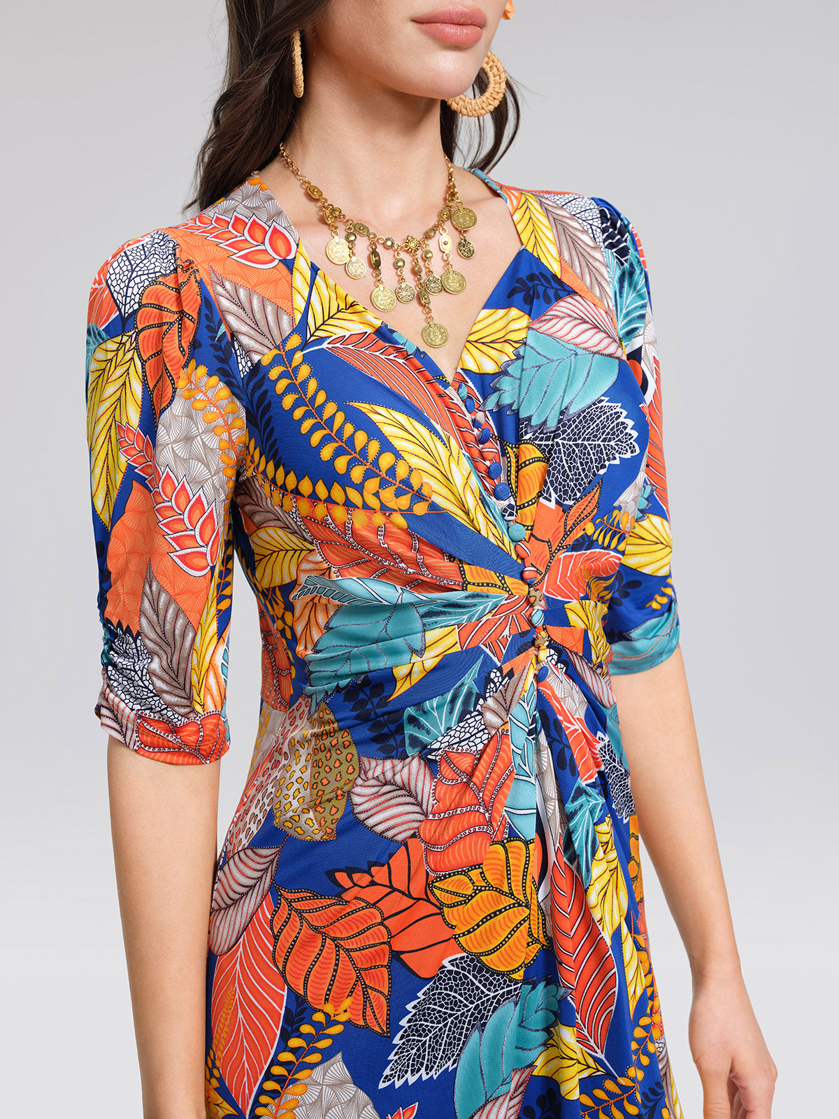 Ice-Silk Knit Tropical Leaf Print Three-Quarter Sleeve Dress