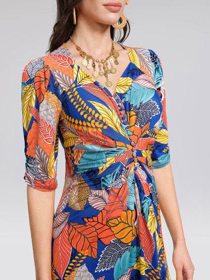 Ice-Silk Knit Tropical Leaf Print Three-Quarter Sleeve Dress