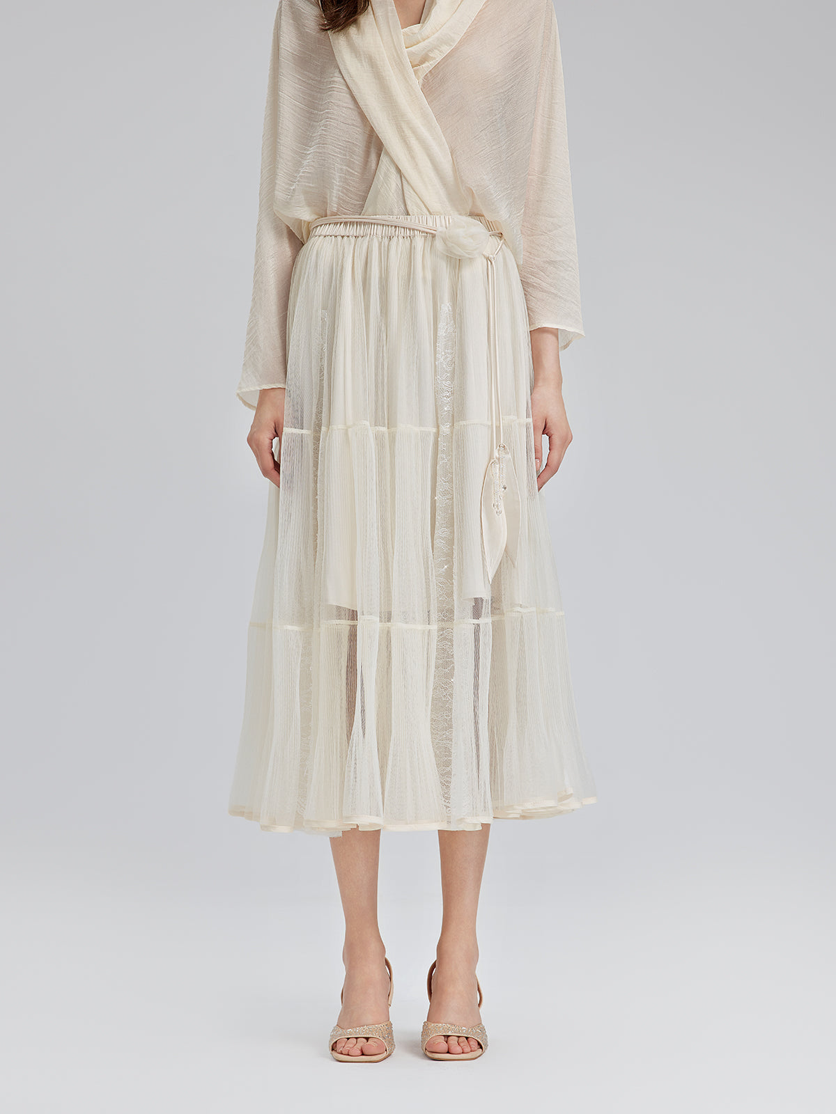 Pleated Mesh Elastic Waist Skirt