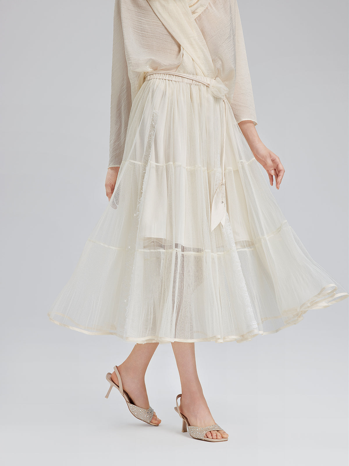 Pleated Mesh Elastic Waist Skirt