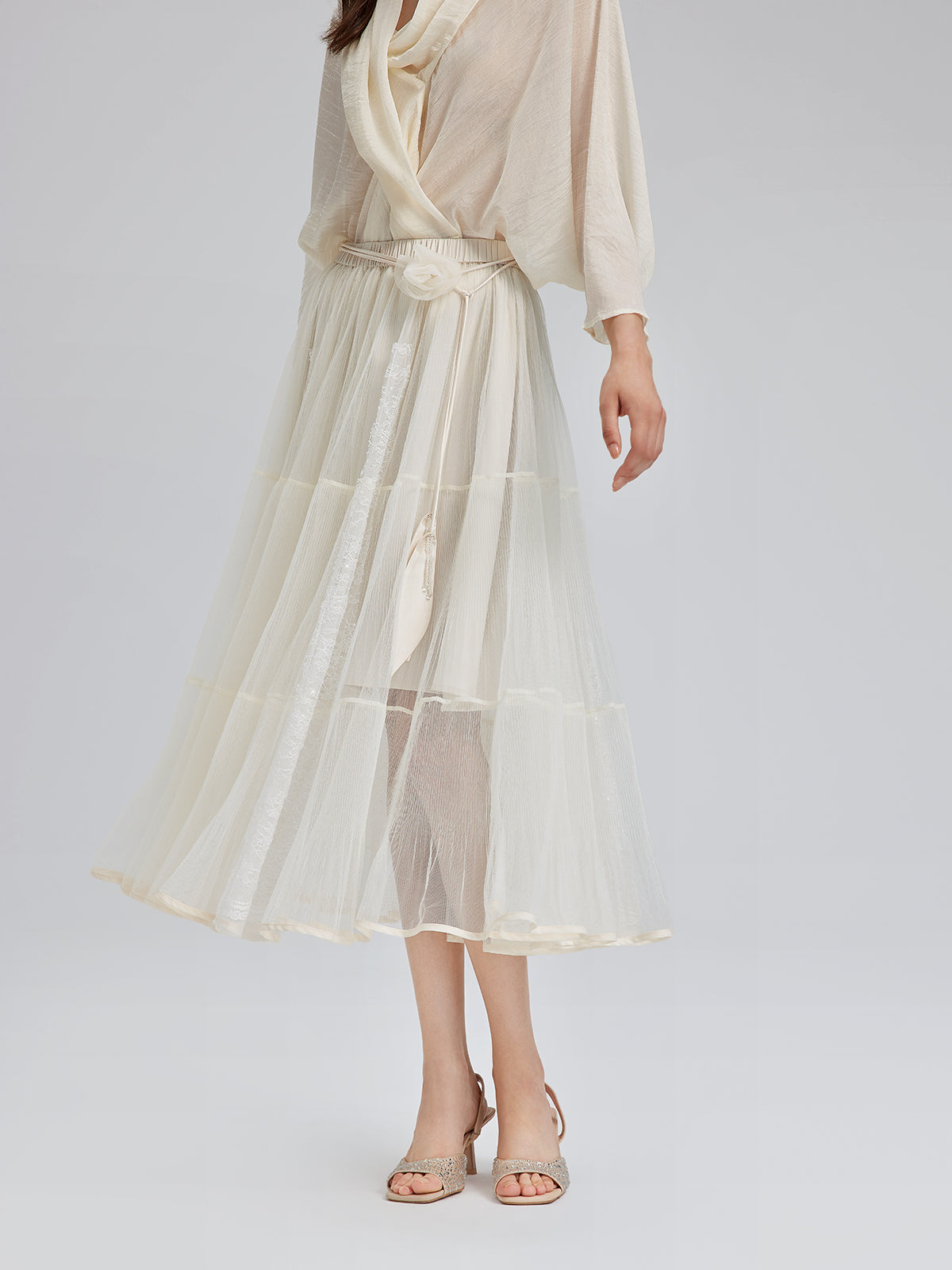 Pleated Mesh Elastic Waist Skirt