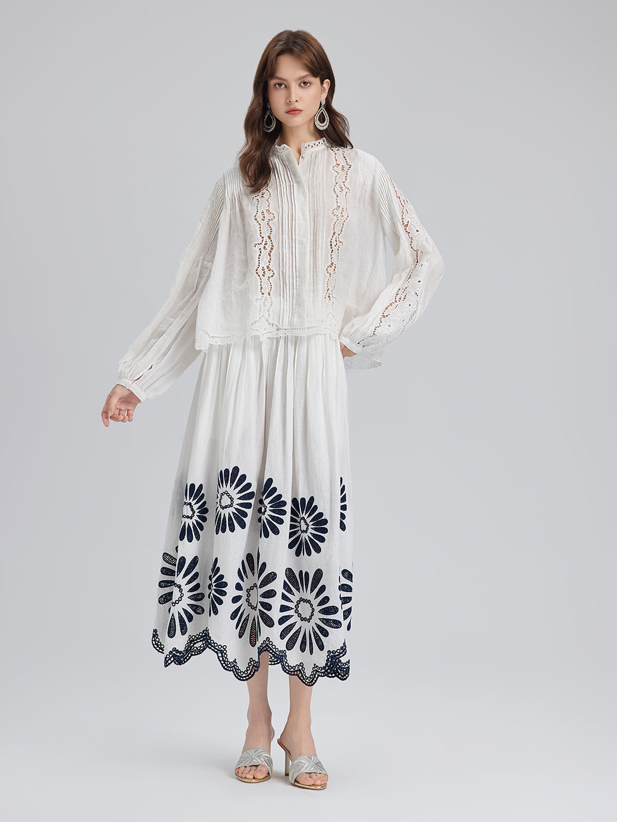 Pleated Hollow Embroidered Blouse