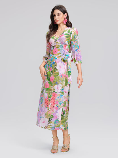 100% Silk Artistic Print V-neck Wrap Dress