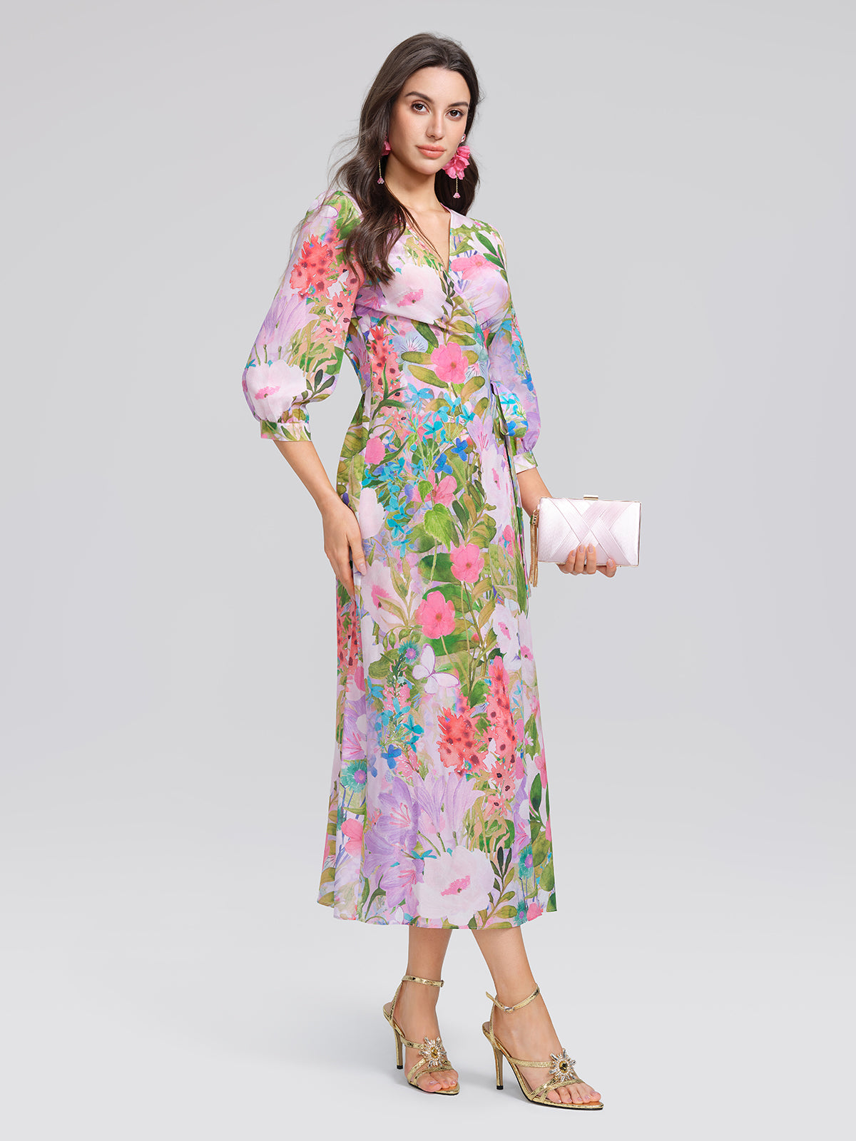 100% Silk Artistic Print V-neck Wrap Dress