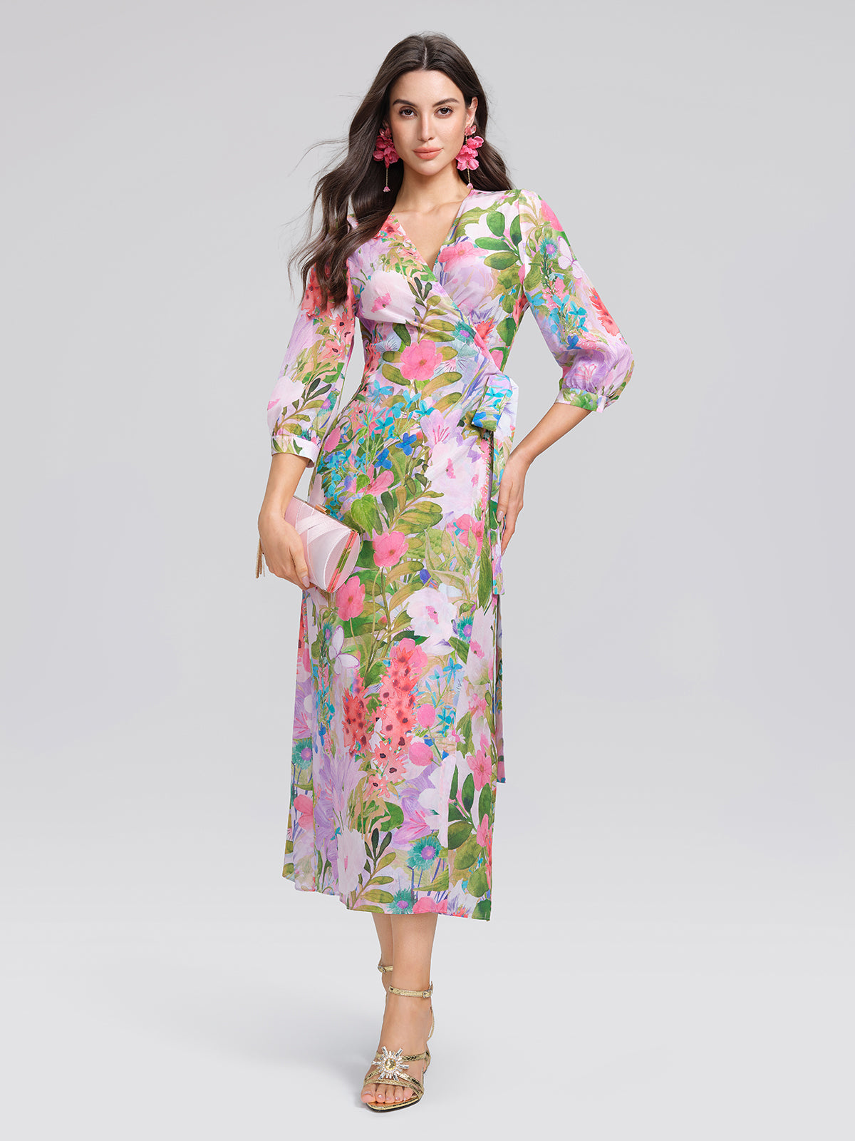 100% Silk Artistic Print V-neck Wrap Dress