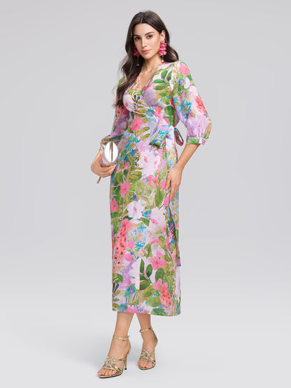 100% Silk Artistic Print V-neck Wrap Dress