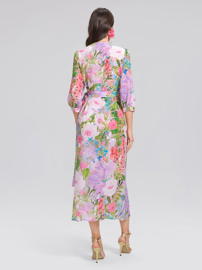 100% Silk Artistic Print V-neck Wrap Dress