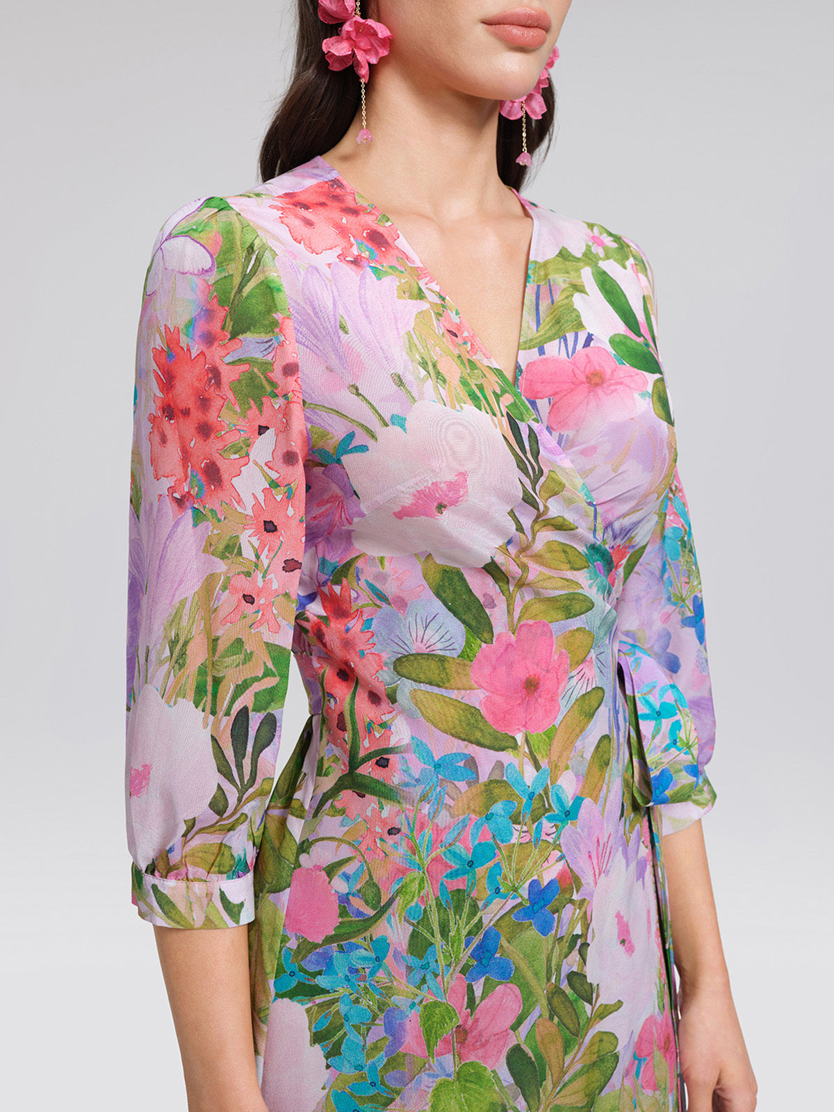 100% Silk Artistic Print V-neck Wrap Dress