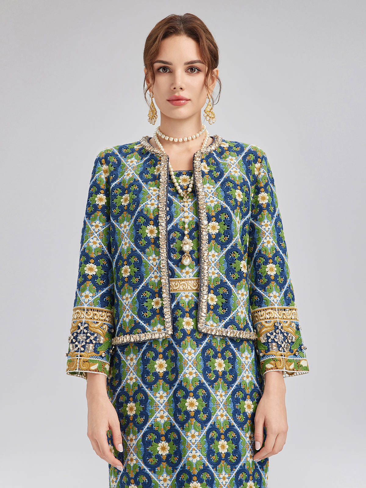 Crystal-Trim Guipure Lace Jacket