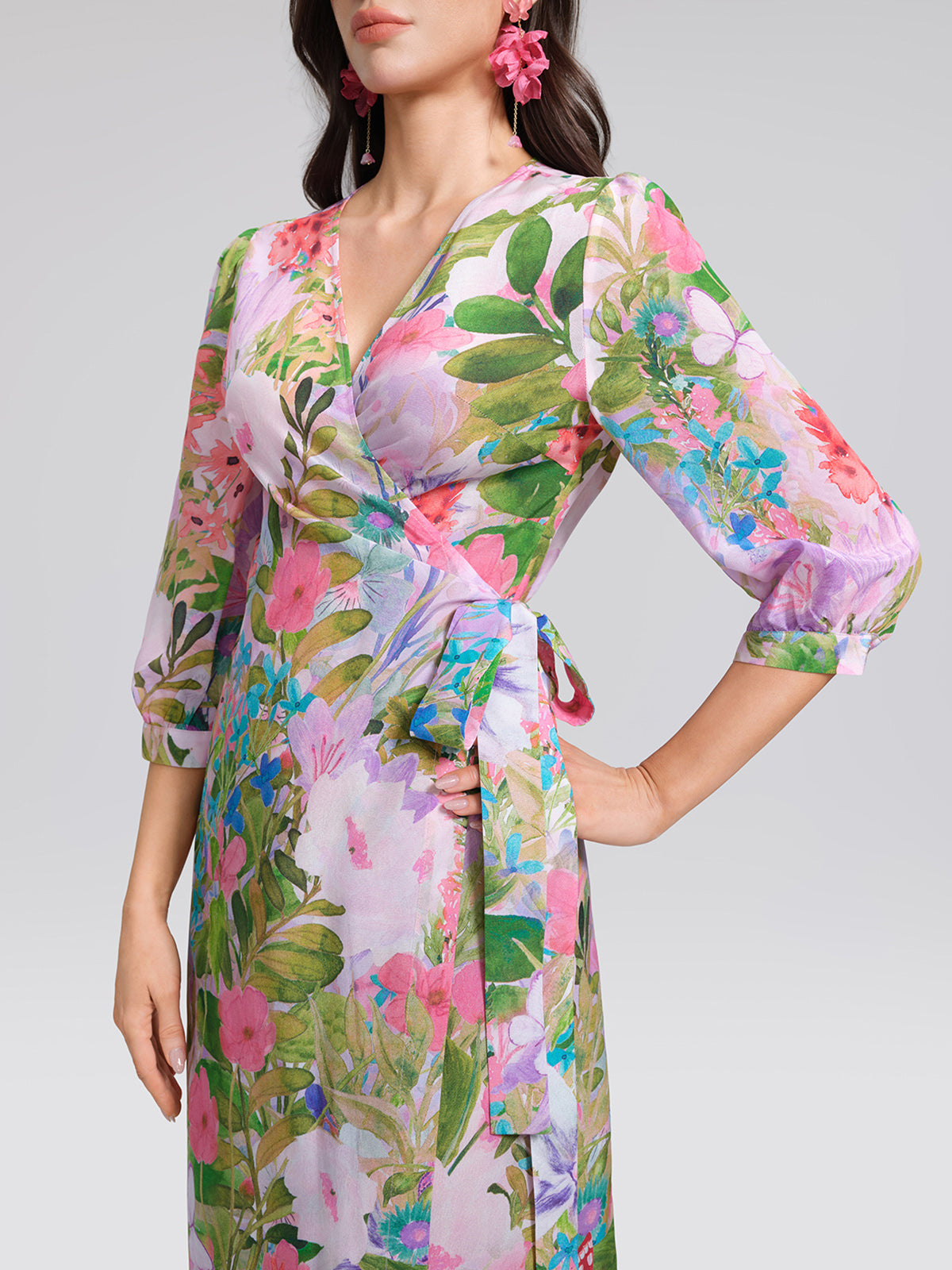 100% Silk Artistic Print V-neck Wrap Dress