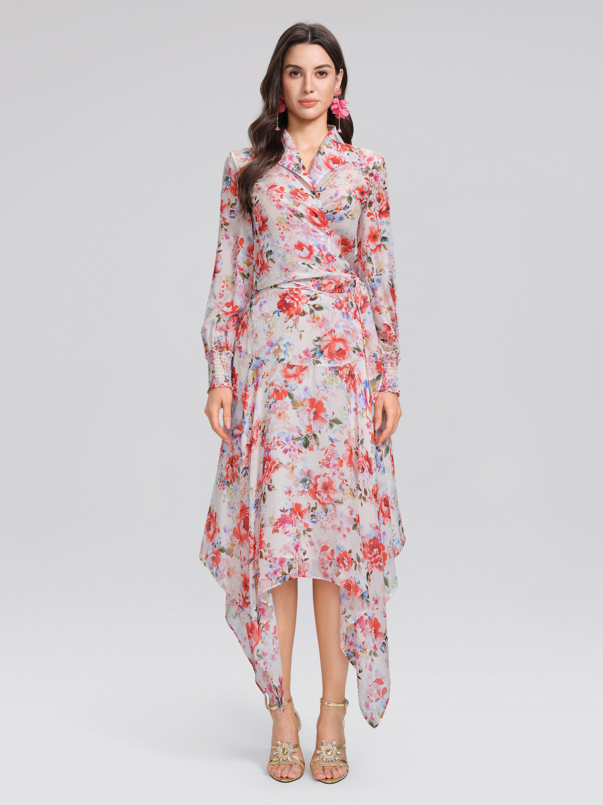 100% Silk Floral V-Neck Tie Elastic Ruffle Cuff Top