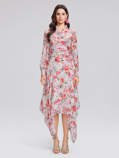 100% Silk Floral V-Neck Tie Elastic Ruffle Cuff Top