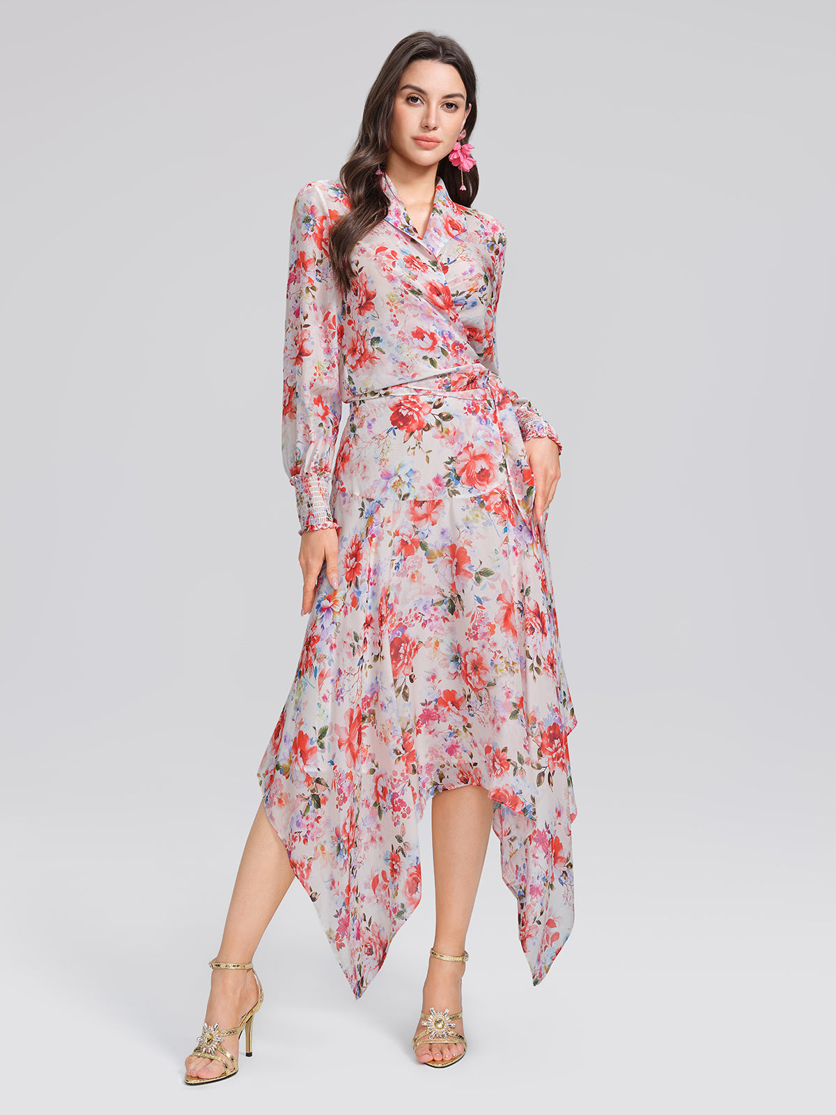 100% Silk Floral V-Neck Tie Elastic Ruffle Cuff Top