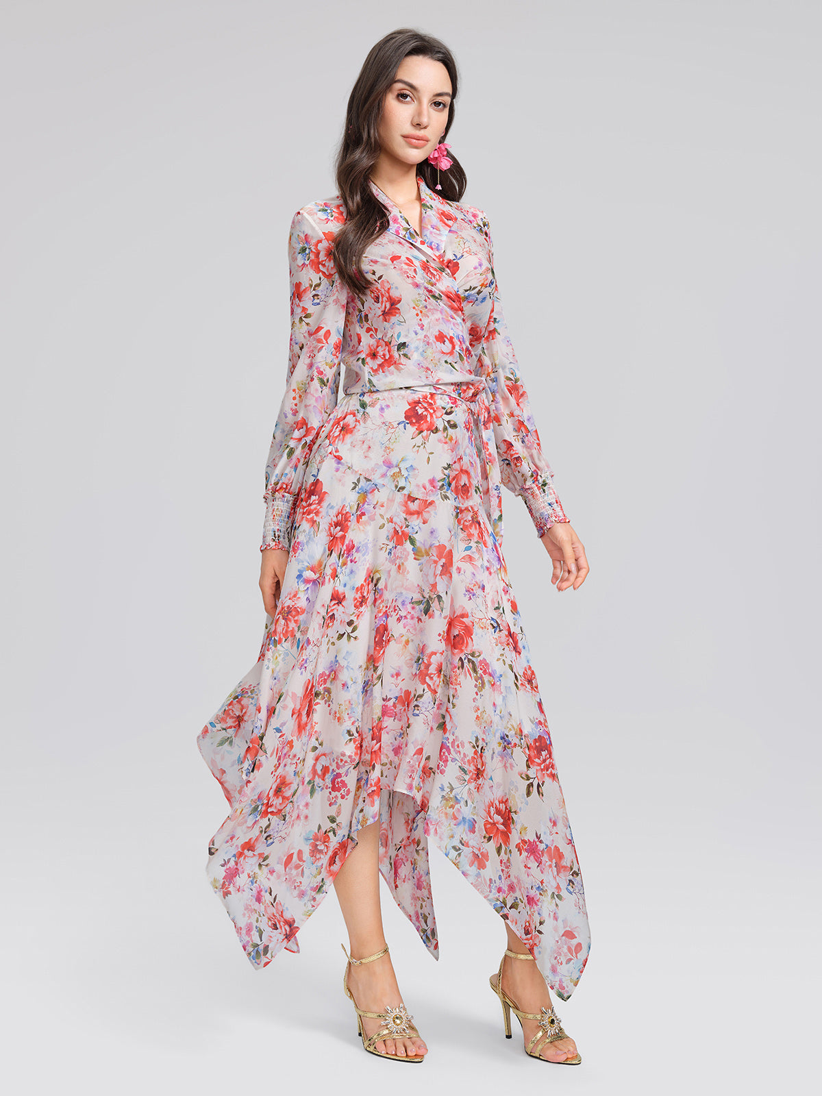 100% Silk Floral V-Neck Tie Elastic Ruffle Cuff Top