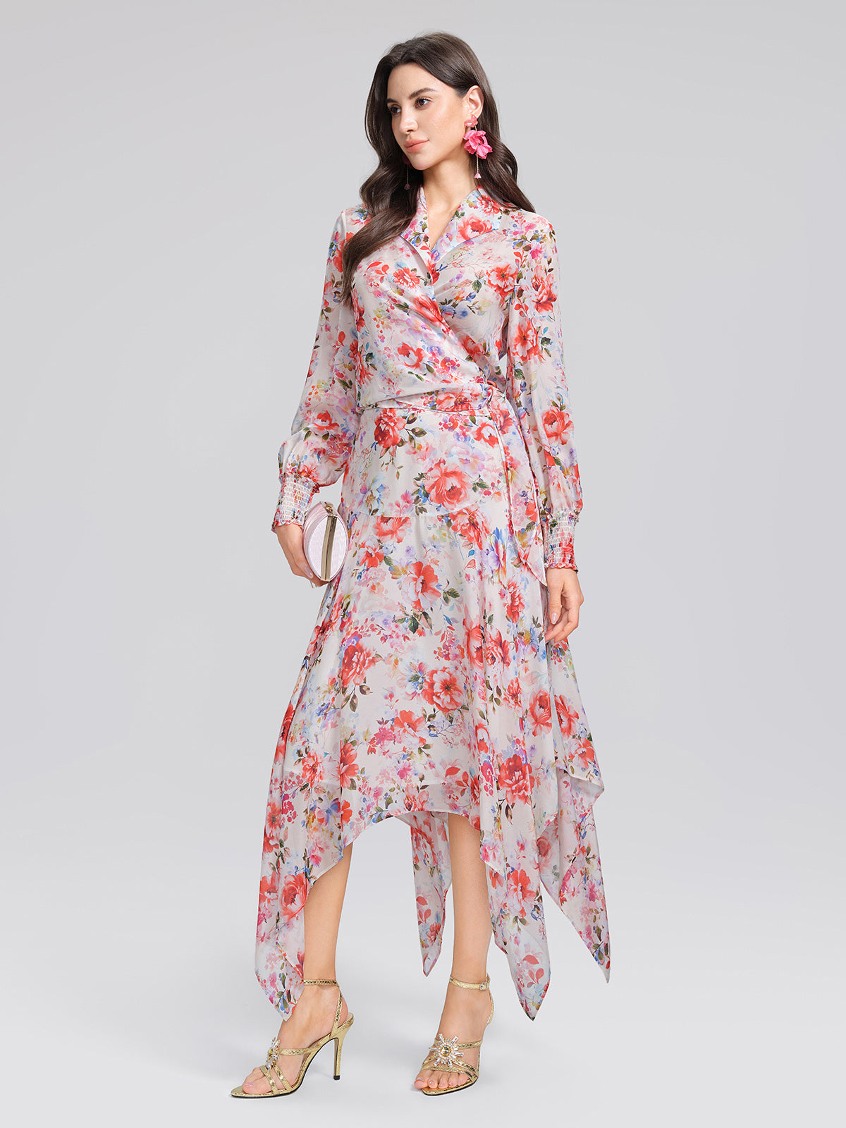 100% Silk Floral V-Neck Tie Elastic Ruffle Cuff Top