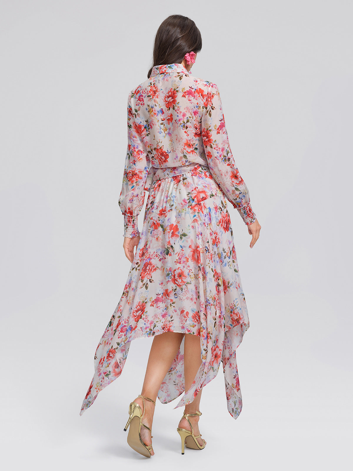 100% Silk Floral V-Neck Tie Elastic Ruffle Cuff Top