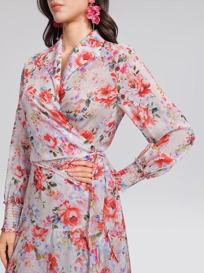 100% Silk Floral V-Neck Tie Elastic Ruffle Cuff Top