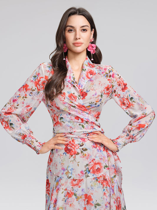 100% Silk Floral V-Neck Tie Elastic Ruffle Cuff Top