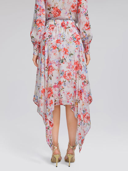 Silk Floral Asymmetric Hem Skirt