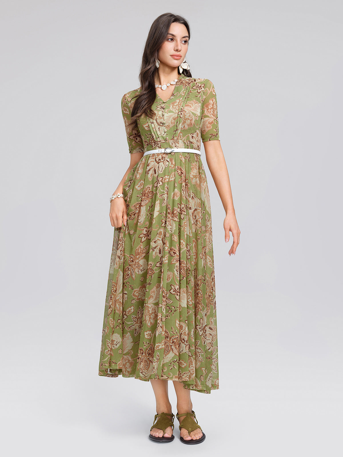 Stretch Print V-neck Pleated Belted Flare Dress (Belt Included)